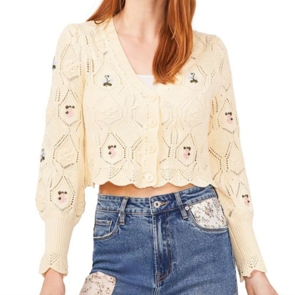 Chelsea & Violet Sweaters - CHELSEA & VIOLET Pointelle Knit Floral Embroidered Button Front Cardigan Sweater